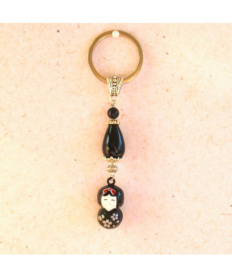 Porte-clefs poupée japonaise en Agate noire