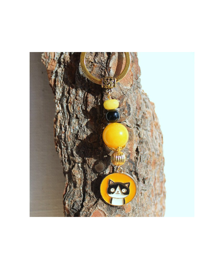 Porte-clefs Chat en Jade jaune et Agate noire