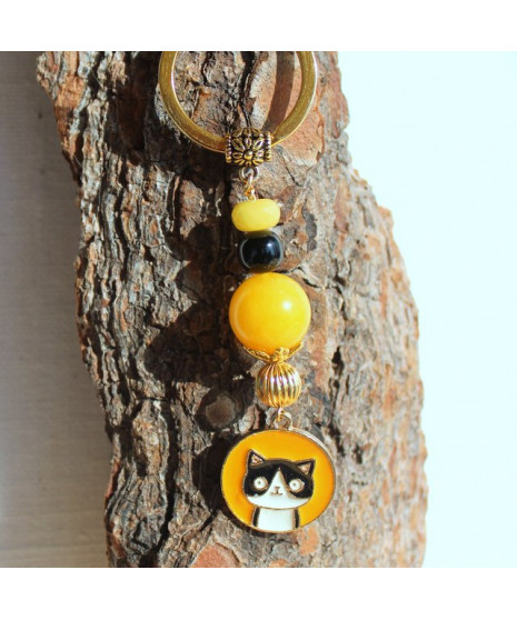 Porte-clefs Chat en Jade jaune et Agate noire