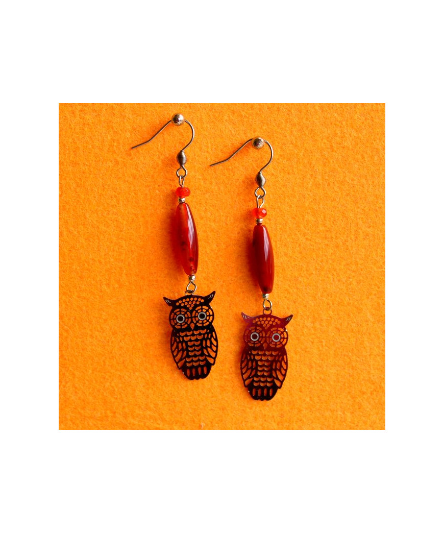 Boucles d'oreilles Chouette en Cornaline