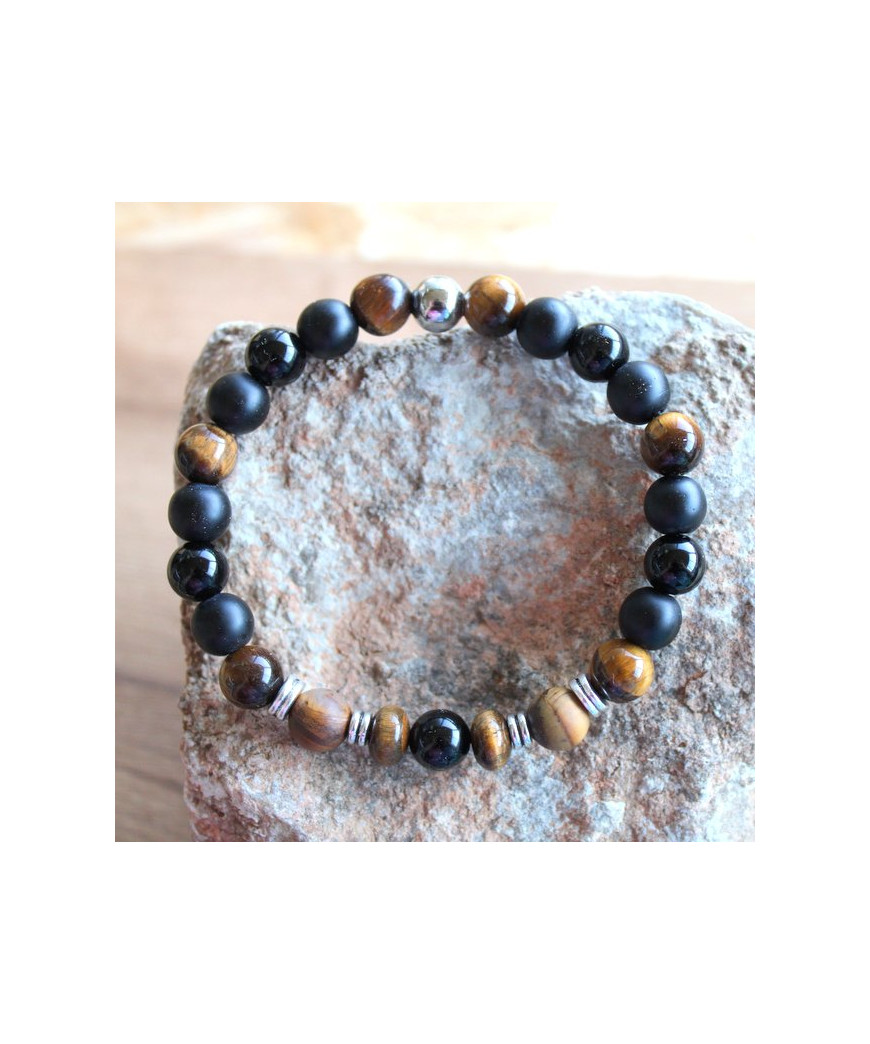 Bracelet en Agate noire et en Œil de Tigre