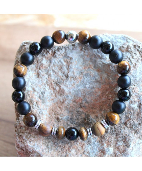 Bracelet en Agate noire et en Œil de Tigre