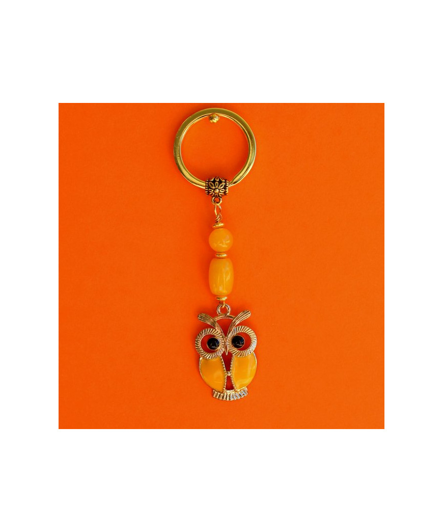 Porte-clefs Chouette en Jade jaune et Agate jaune