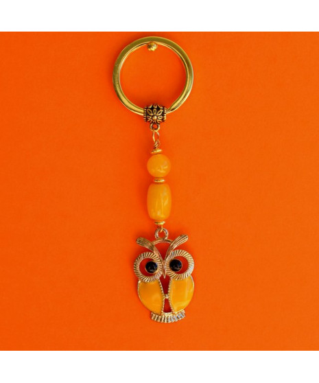 Porte-clefs Chouette en Jade jaune et Agate jaune
