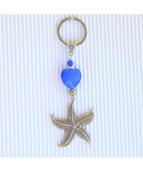 Porte-clefs Etoile des mers  en Agate Œil de chat bleu