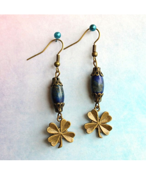 Boucles d'Oreilles Trèfles à 4 feuilles en Lapis Lazuli
