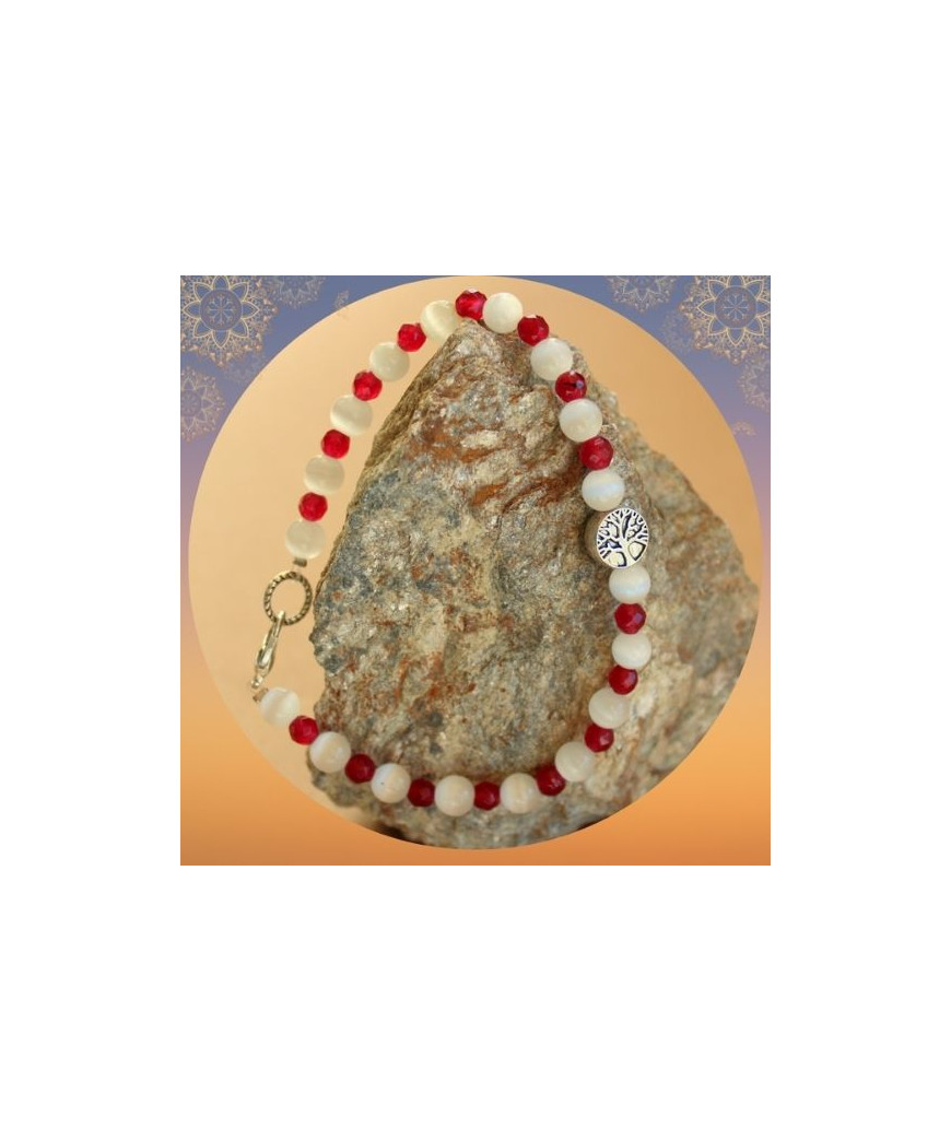 Bracelet  Arbre de vie en Agate Œil de chat blanc et en Grenat