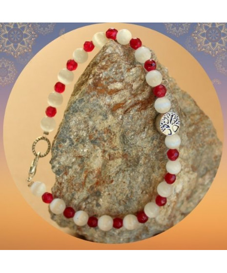 Bracelet  Arbre de vie en Agate Œil de chat blanc et en Grenat