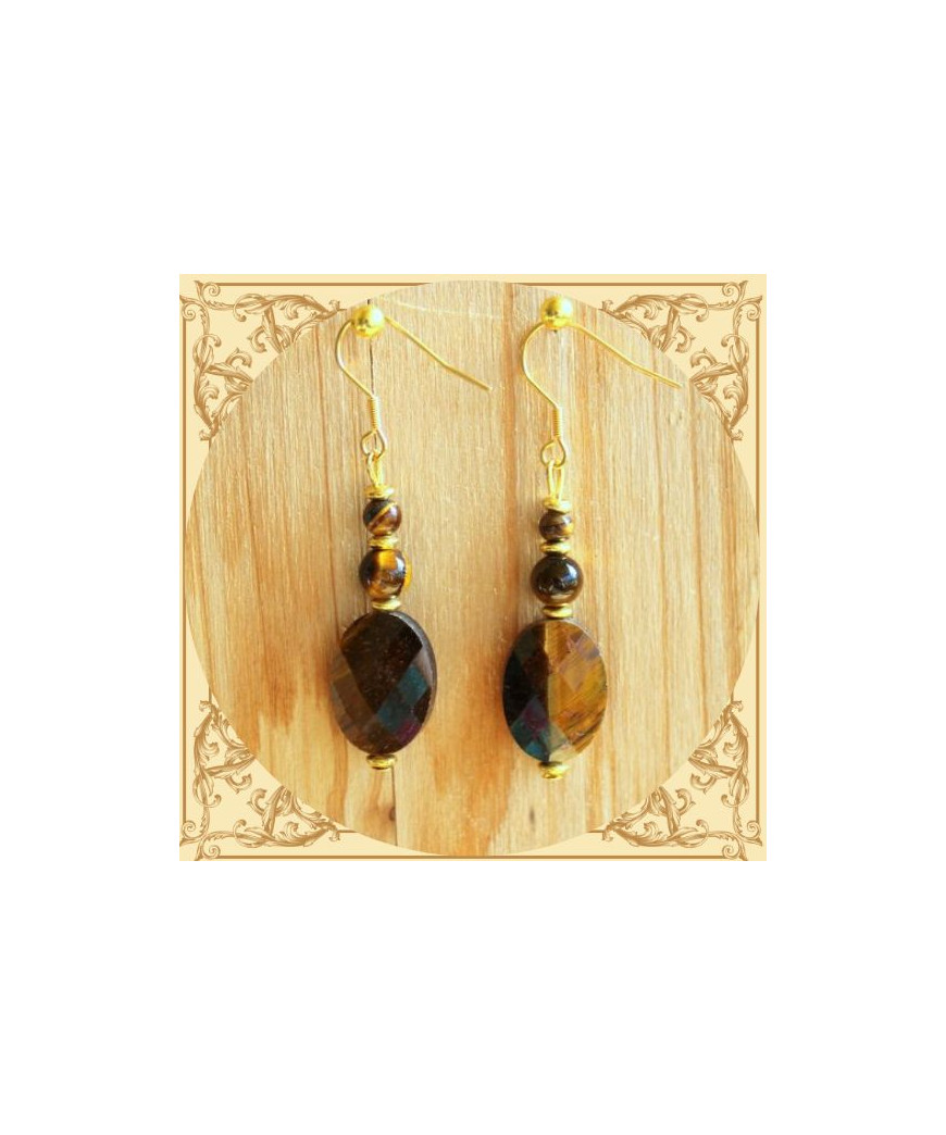 Boucles d'oreilles dorées en Œil de tigre