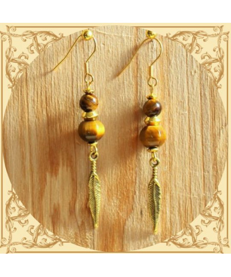 Boucles d'oreilles plumes dorées en Œil de tigre