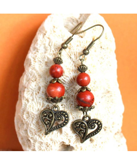 Boucles d'oreilles Cœurs en Jaspe rouge
