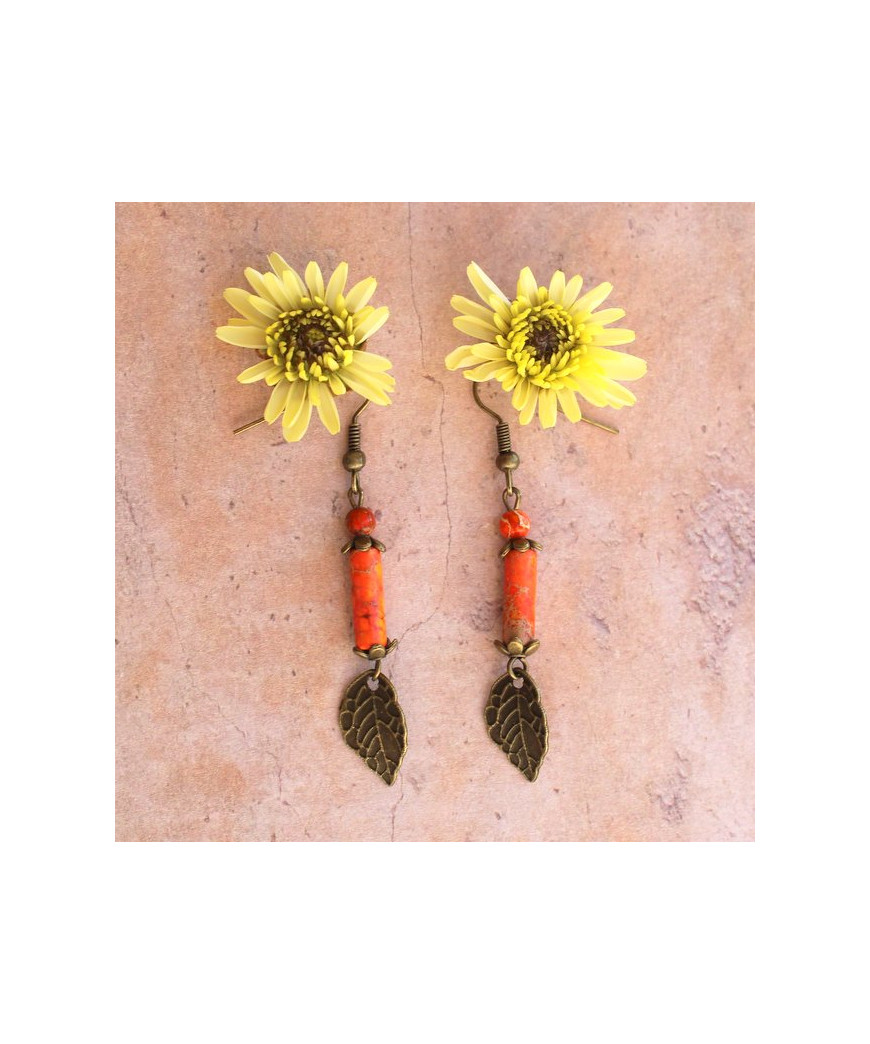 Boucles d'oreilles Feuilles en Jaspe Sédiments d'Océan orange
