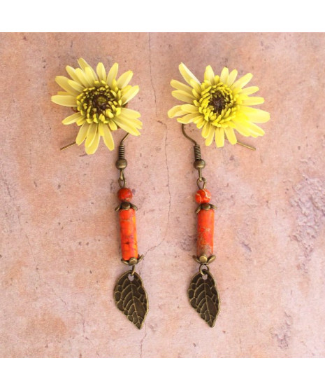Boucles d'oreilles Feuilles en Jaspe Sédiments d'Océan orange