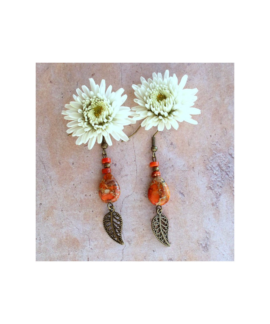 Boucles d'oreilles Feuilles en Jaspe Sédiments d'Océan orange