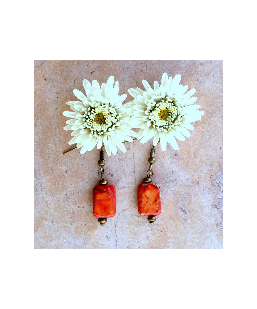 Boucles d'oreilles rectangulaires en Jaspe Sédiments d'Océan orange