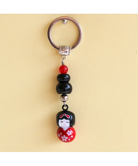 Porte-clefs petite Japonaise en Agate noire et rouge