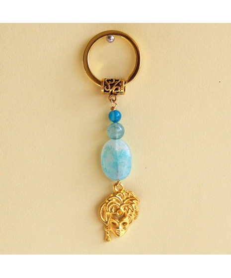 Porte-clefs Masque doré en Agate bleue