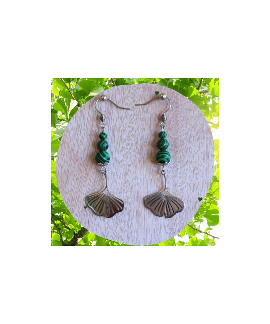 Boucles d'Oreilles Gingko biloba en Malachite