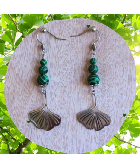 Boucles d'Oreilles Gingko biloba en Malachite