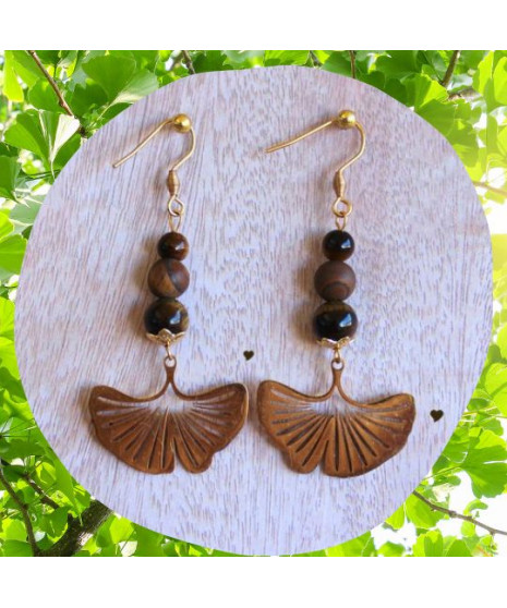 Boucles d'Oreilles Ginkgo biloba en Œil de tigre