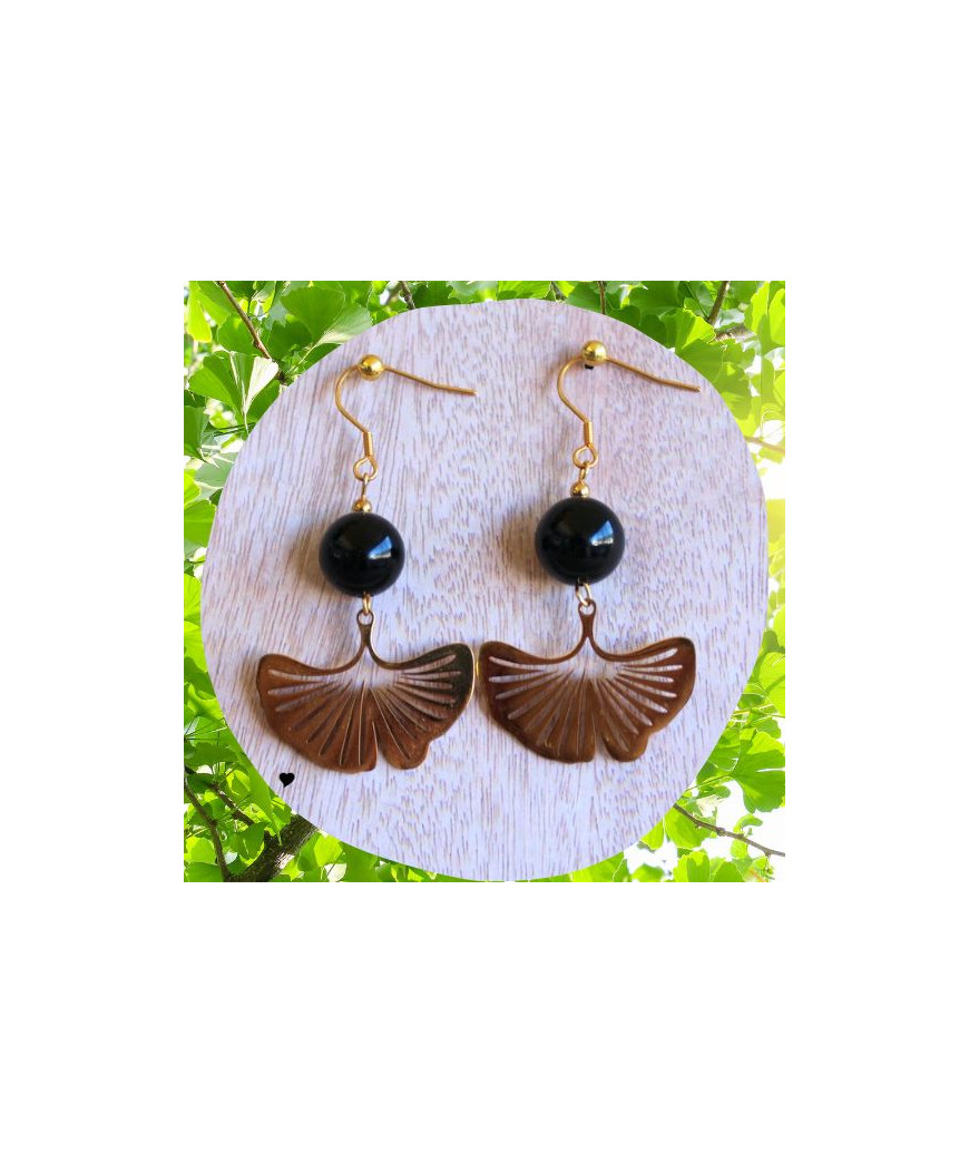 Boucles d'Oreilles Gingko biloba en Agate noire