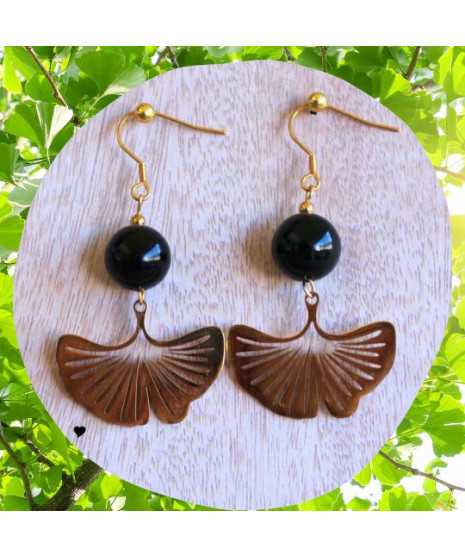 Boucles d'Oreilles Gingko biloba en Agate noire