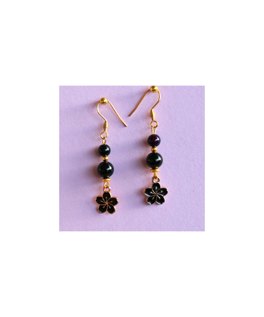 Boucles d'Oreilles Fleurs en Agate noire