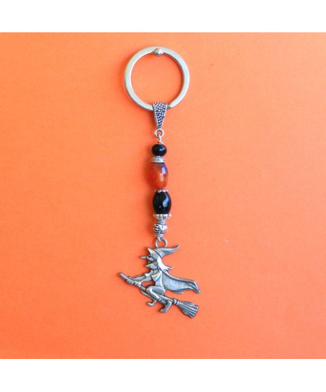 Porte-clefs Sorcière en Agate noire et orange