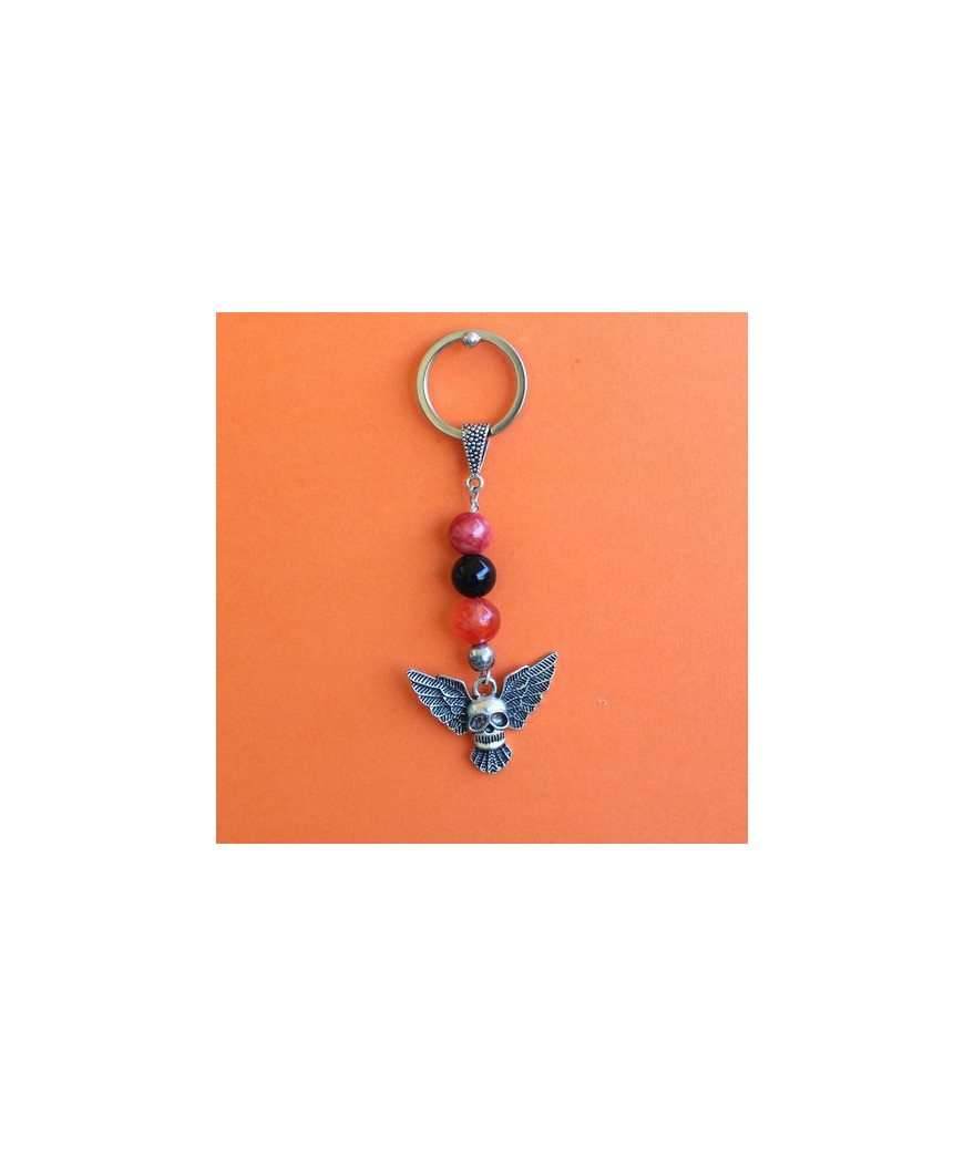 Porte-clefs Tête de mort ailé en Agate et Jade
