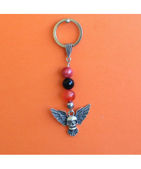 Porte-clefs Tête de mort ailé en Agate et Jade