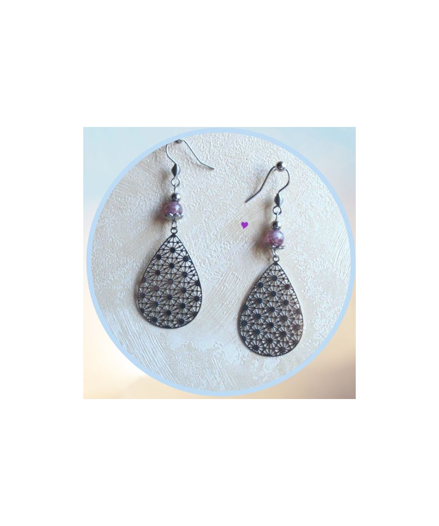 Boucles d'Oreilles Fleur de Vie en Lépidolite