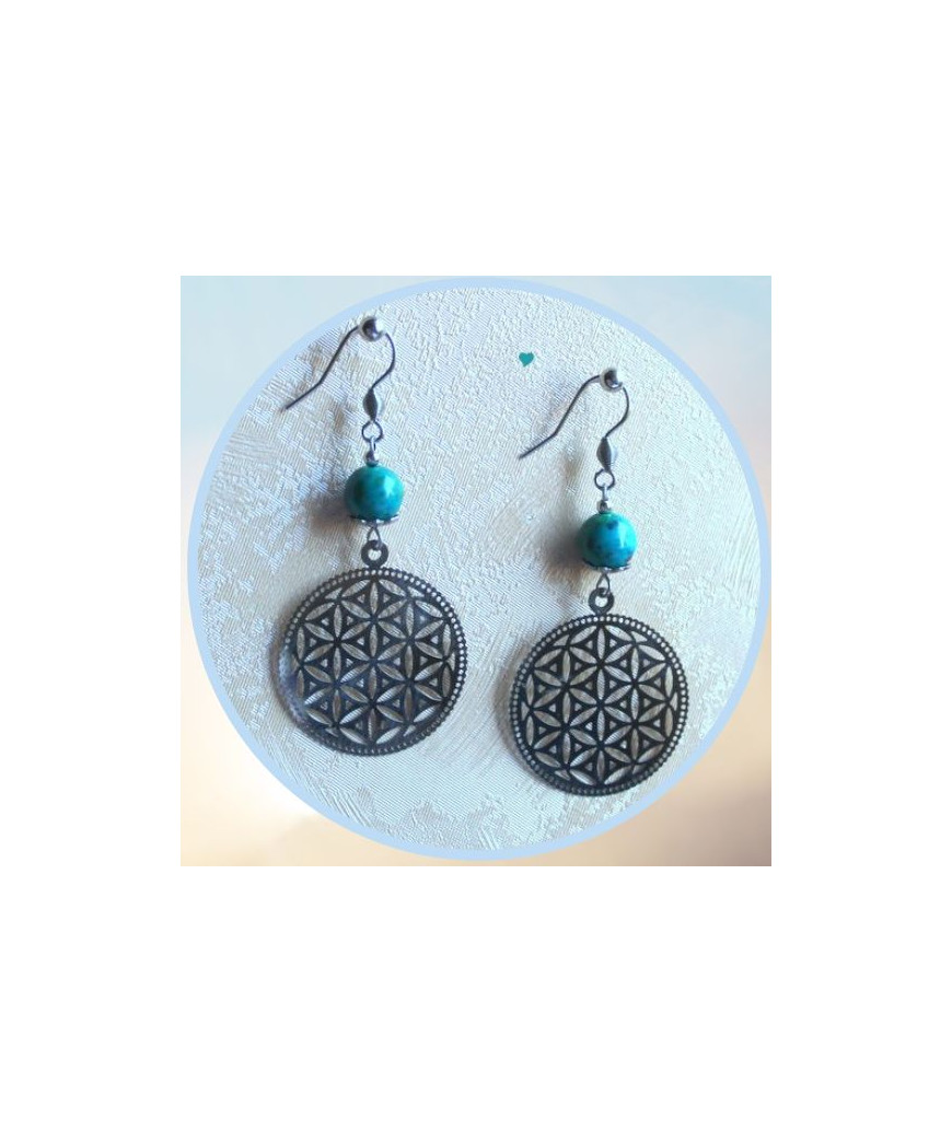 Boucles d'Oreilles Fleur de Vie en Chrysocolle