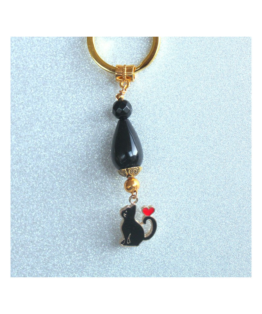 Porte-clefs Chat noir en Agate noire