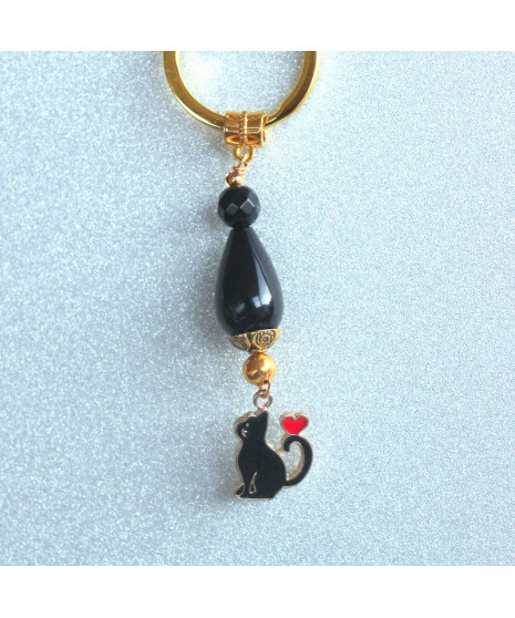 Porte-clefs Chat noir en Agate noire