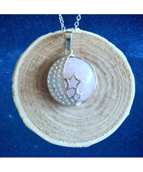 Pendentif Lune et Etoiles en Quartz rose
