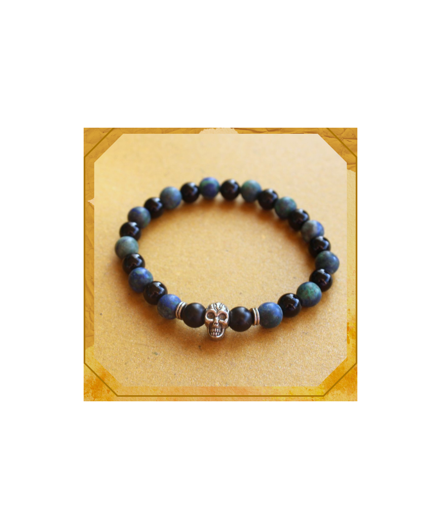 Bracelet Tête de mort en Chrysocolle et en Agate noire