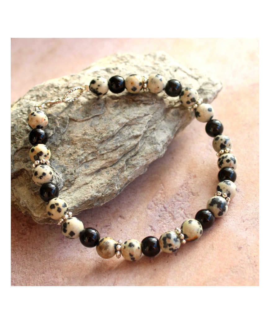 Bracelet en Jaspe dalmatien et en en Agate noire