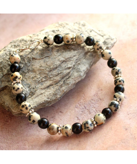 Bracelet en Jaspe dalmatien et en en Agate noire