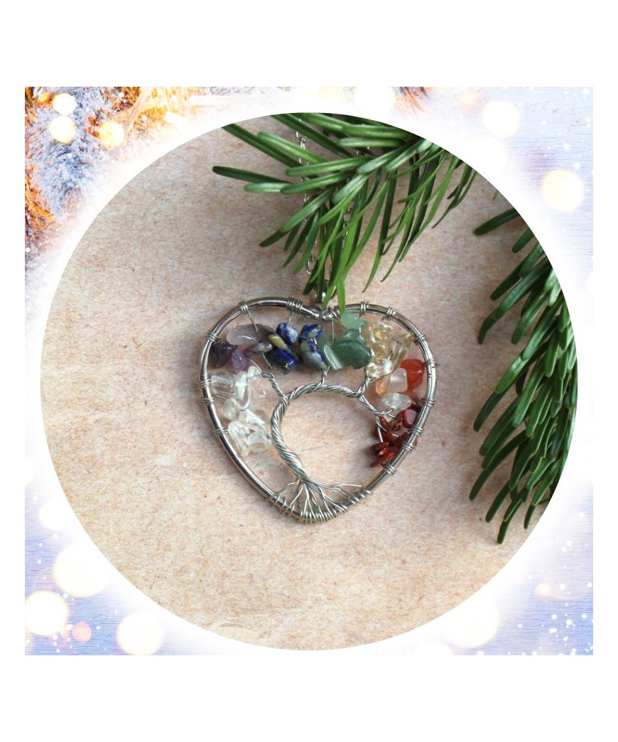 Pendentif Cœur Arbre de vie, aux couleurs des 7 Chakras