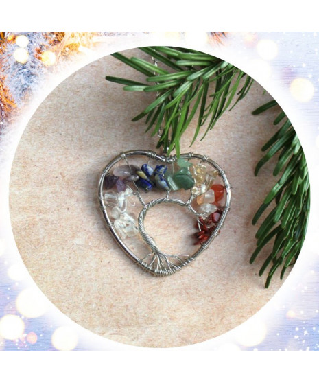 Pendentif Cœur Arbre de vie, aux couleurs des 7 Chakras