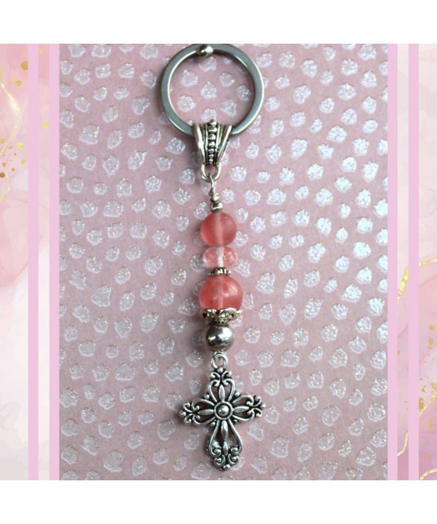 Porte-Clefs Croix en Tourmaline rose