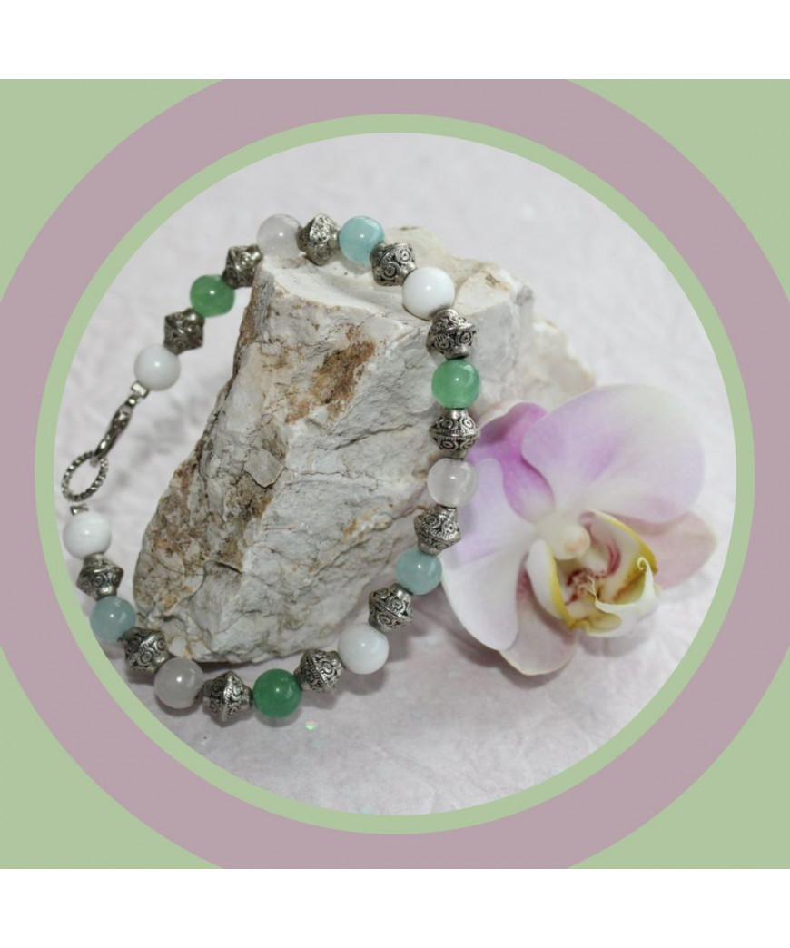 Bracelet en Aventurine, Jade blanc, Aigue-Marine et Quartz rose