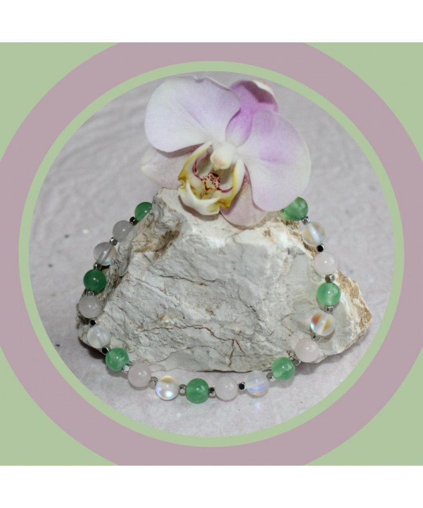 Bracelet Pierre de Lune, Aventurine et Quartz-rose