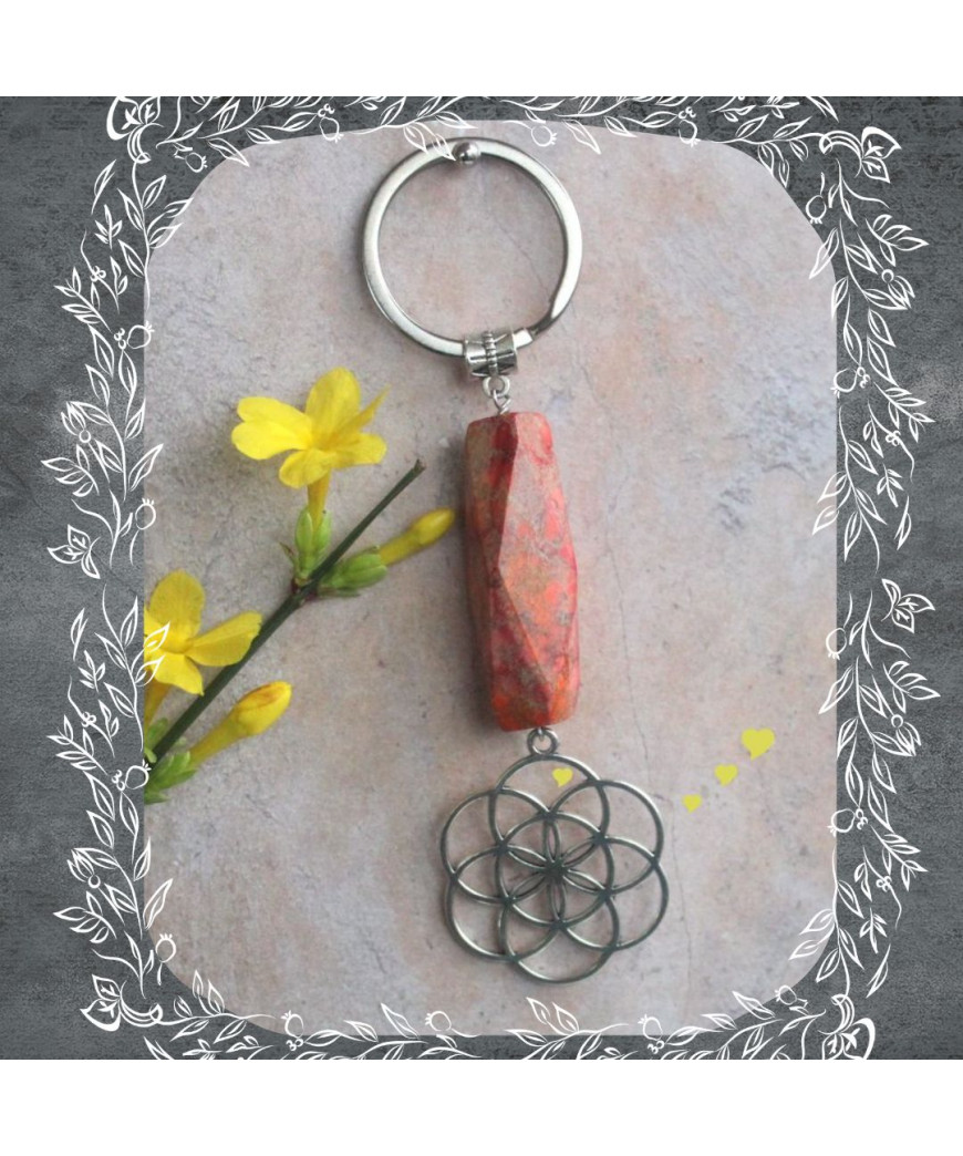Porte-clefs Fleur de vie en Jaspe orange