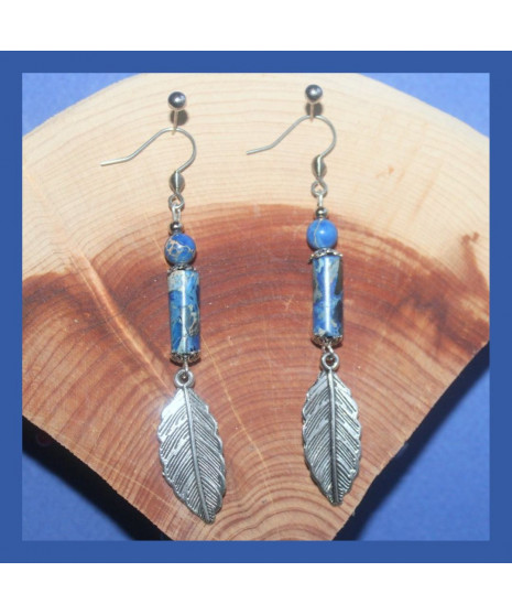 Boucles d'oreilles feuilles en Jaspe Sédiments d'Océan bleu