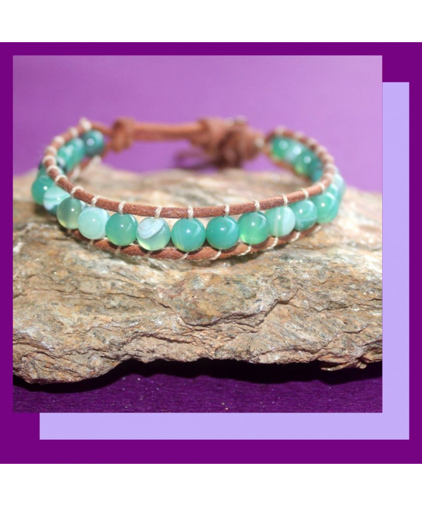 Bracelet Wrap en Cuir et en Agate verte