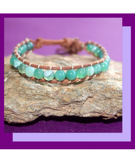Bracelet Wrap en Cuir et en Agate verte