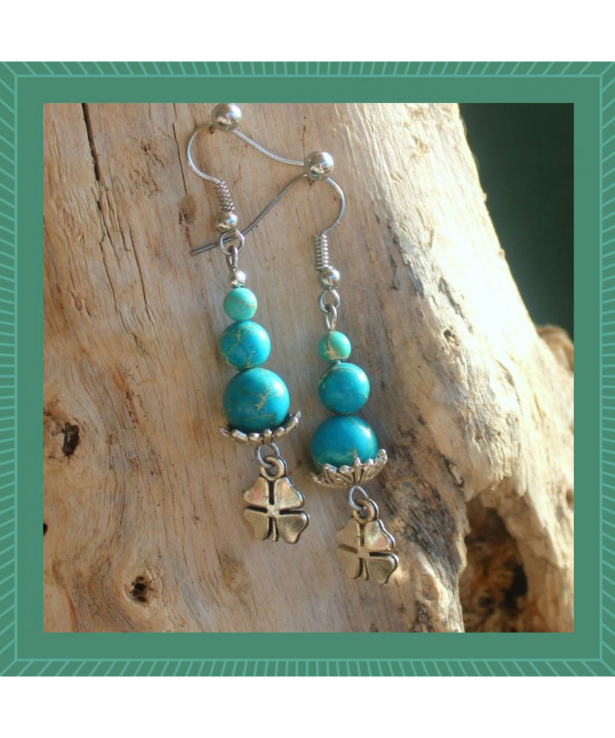 Boucles d'oreilles trèfle en Jaspe Sédiments d'Océan bleu