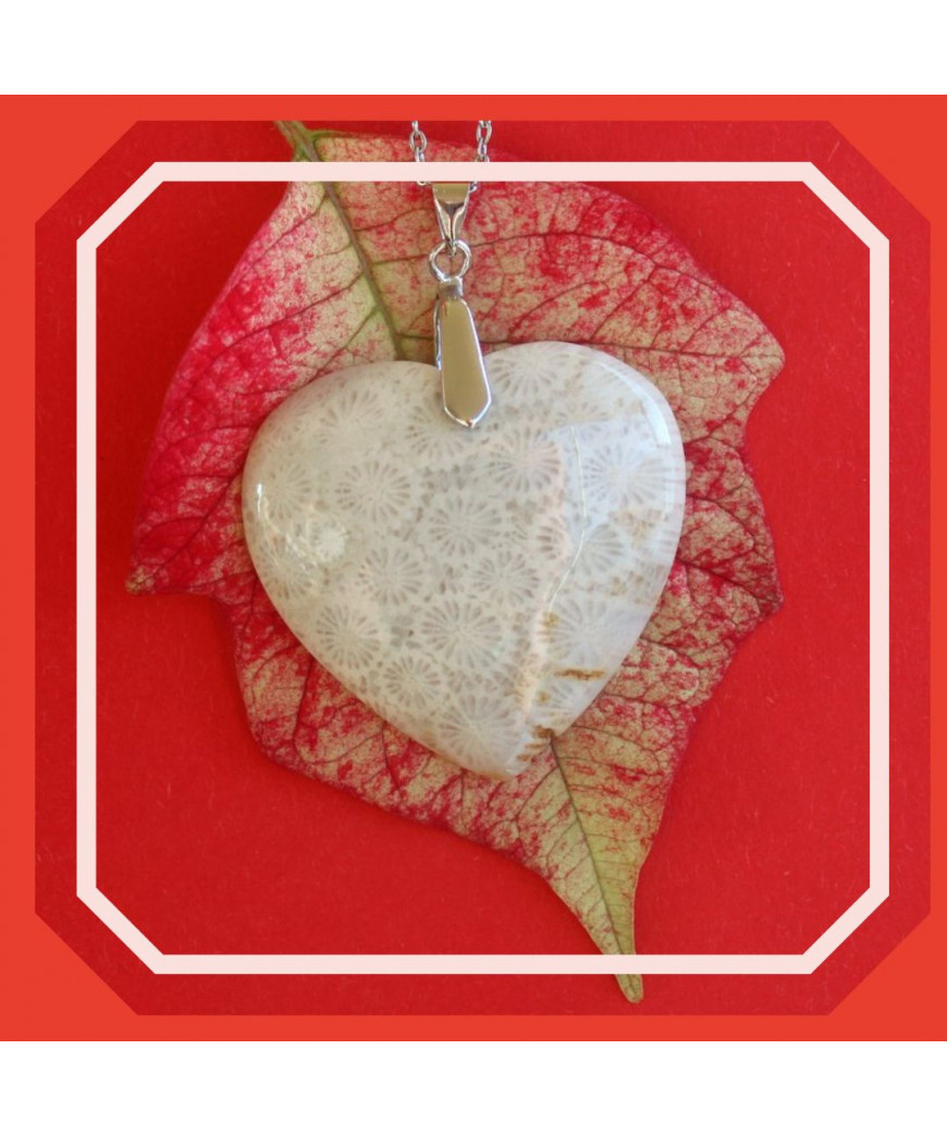 Pendentif Cœur Corail de fossiles d'Agate