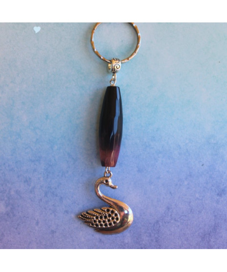 Porte-clefs Cygne en Agate noire et rose